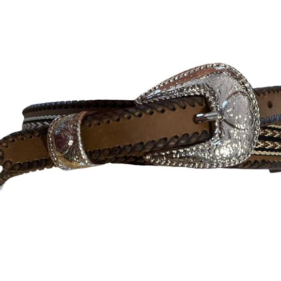 Western Belt with Heart Shaped Conchos Womens XL Brown and Tan Silver Buckle - Picture 10 of 11